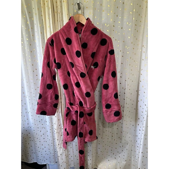 Victoria's Secret PINK Sleepwear Polka Dot Tie Belt Plush Fleece Short Robe XS/S - Picture 2 of 5